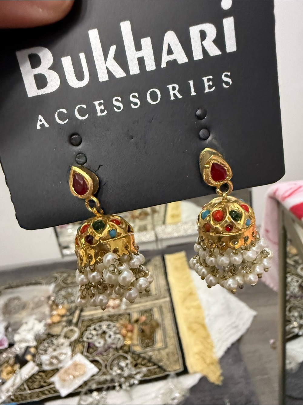 Bukhari Gold-Tone Multicolor Stone Jhumka Earrings with Pearl Drops